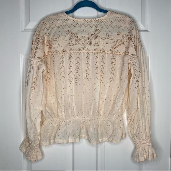 FREE PEOPLE Womens XS 100% Cotton V Neck Peplum Glitter Peasant Poet Blouse - Picture 10 of 12